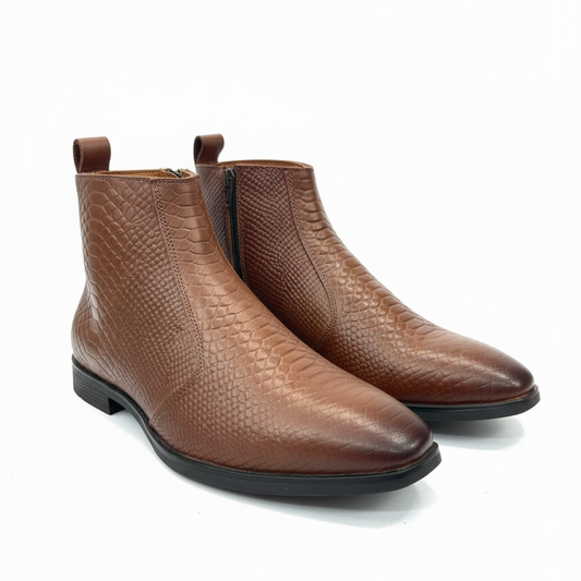 MEN’S BROWN TEXTURED LEATHER ANKLE BOOTS – SIDE ZIP FORMAL BOOTS