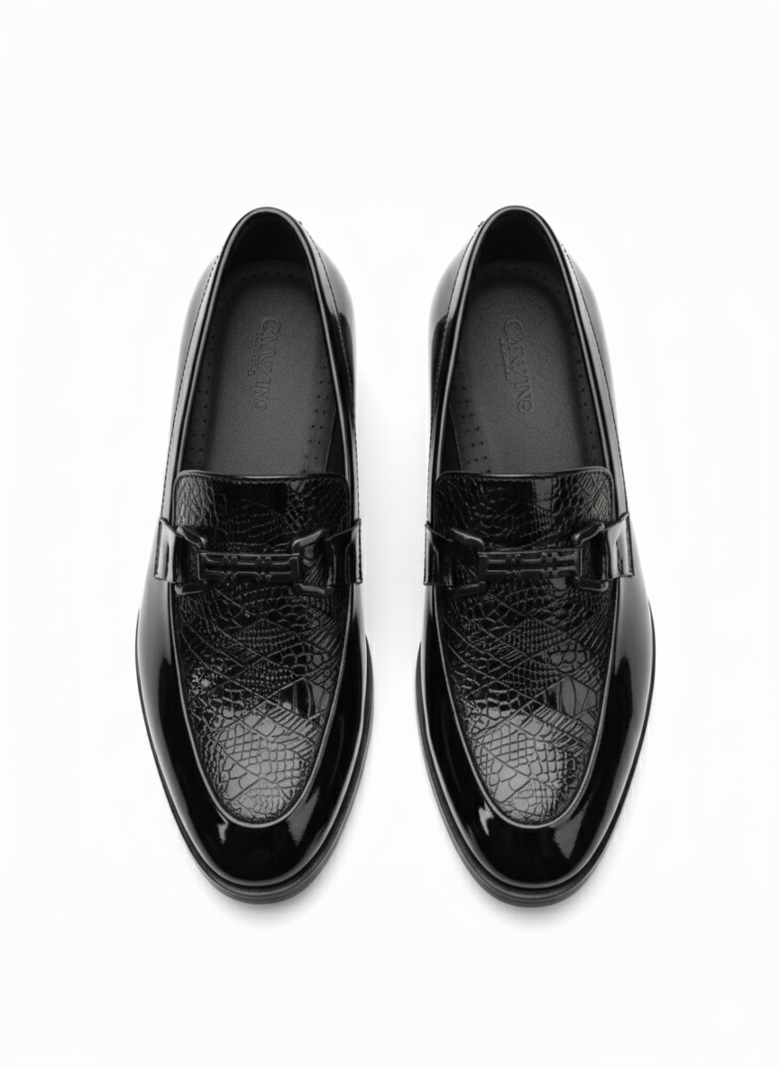 MEN’S BLACK TEXTURED PATENT LEATHER LOAFERS – ELEGANT BUCKLE DESIGN