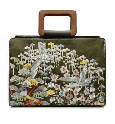 LUXURY EMBROIDERED OLIVE GREEN LEATHER TOP HANDLE HANDBAG FOR WOMEN