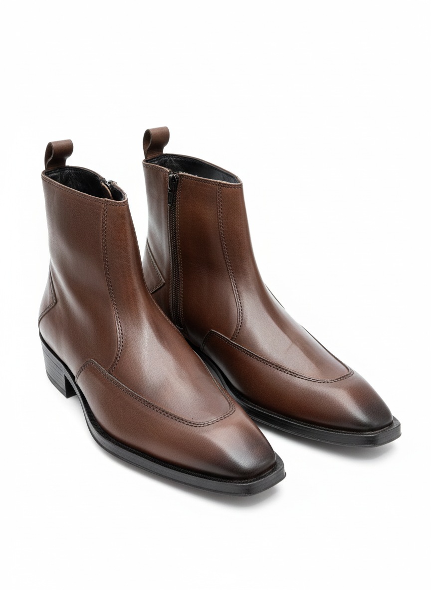 TAPPER NOSE BROWN COLOR CUBAN HEEL LEATHER CHELSEA