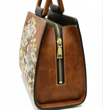 LUXURY EMBROIDERED BROWN LEATHER TOP HANDLE HANDBAG FOR WOMEN