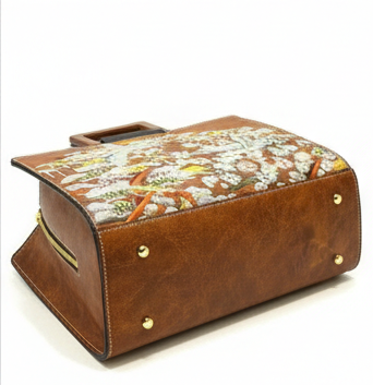 LUXURY EMBROIDERED BROWN LEATHER TOP HANDLE HANDBAG FOR WOMEN