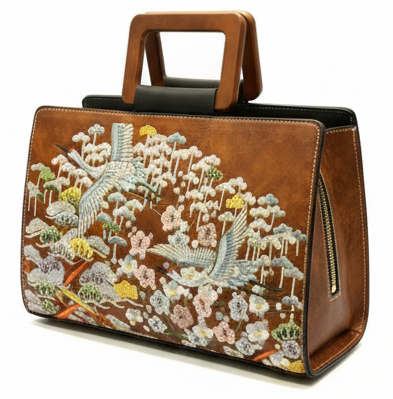 LUXURY EMBROIDERED BROWN LEATHER TOP HANDLE HANDBAG FOR WOMEN