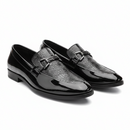 MEN’S BLACK TEXTURED PATENT LEATHER LOAFERS – ELEGANT BUCKLE DESIGN