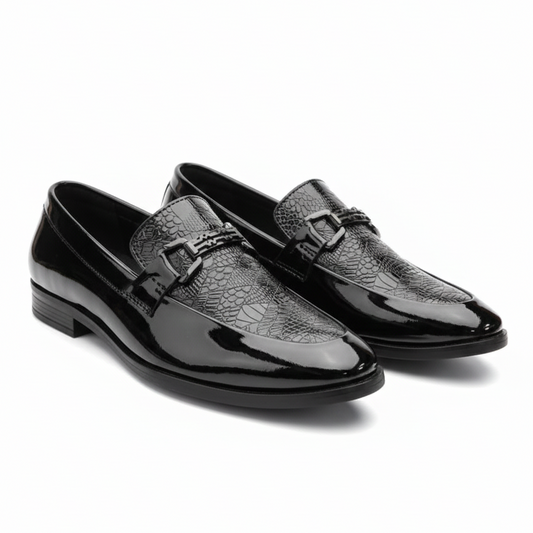 MEN’S BLACK TEXTURED PATENT LEATHER LOAFERS – ELEGANT BUCKLE DESIGN