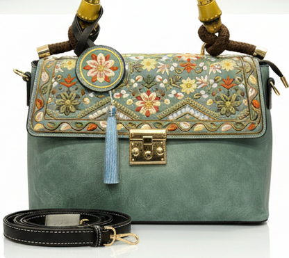 LUXURY EMBROIDERED TEAL GREEN TOP HANDLE SHOULDER HANDBAG FOR WOMEN