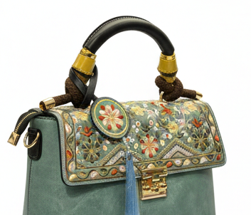 LUXURY EMBROIDERED TEAL GREEN TOP HANDLE SHOULDER HANDBAG FOR WOMEN