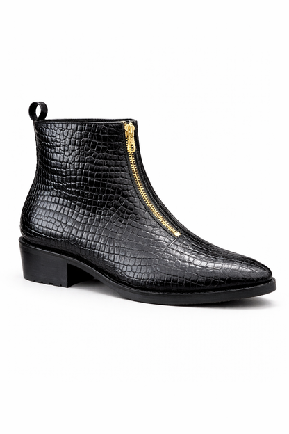 MEN’S BLACK CROCODILE TEXTURED ANKLE BOOTS WITH FRONT ZIP AND BLOCK HEEL