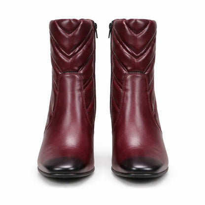 WOMEN’S MAROON QUILTED ANKLE BOOTS WITH BLOCK HEEL AND SIDE ZIP