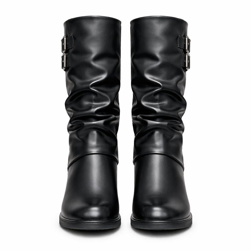 WOMEN’S BLACK MID-CALF BOOTS WITH BUCKLE DETAIL AND BLOCK HEEL