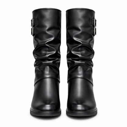 WOMEN’S BLACK MID-CALF BOOTS WITH BUCKLE DETAIL AND BLOCK HEEL