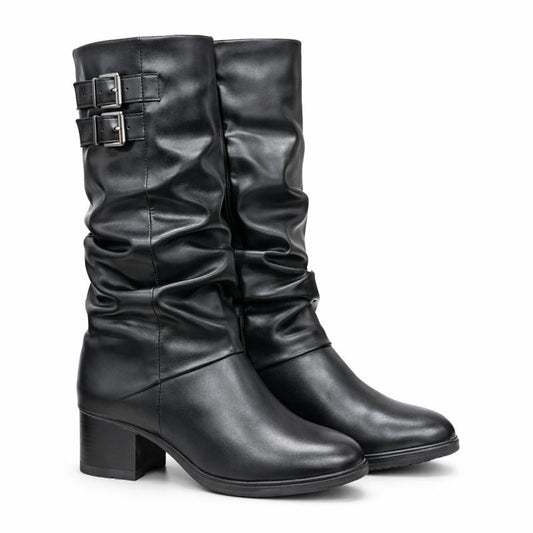 WOMEN’S BLACK MID-CALF BOOTS WITH BUCKLE DETAIL AND BLOCK HEEL