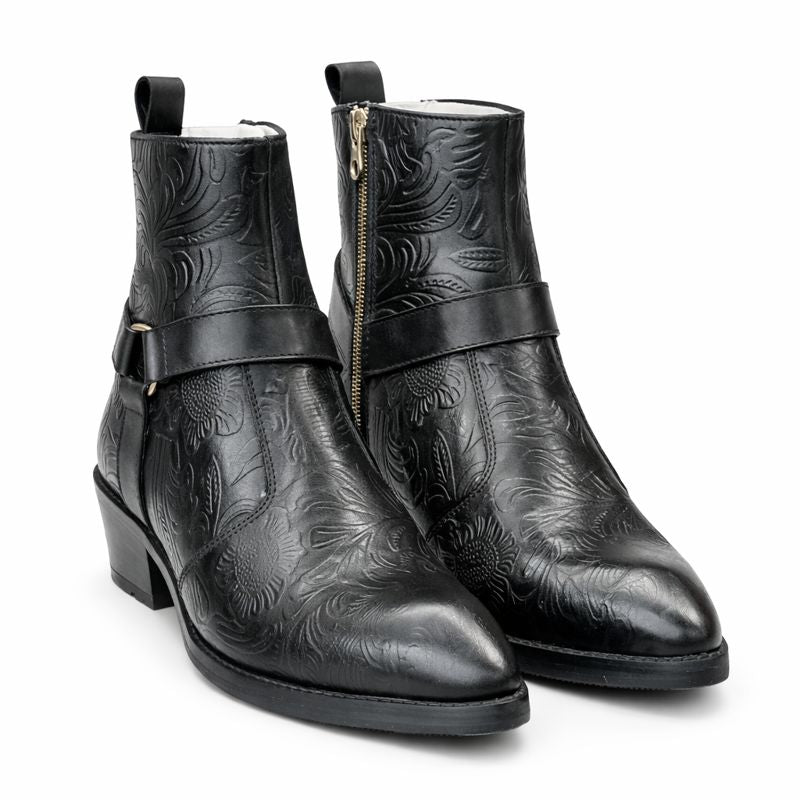 MEN’S BLACK EMBOSSED ANKLE BOOTS WITH SIDE ZIP AND BLOCK HEEL