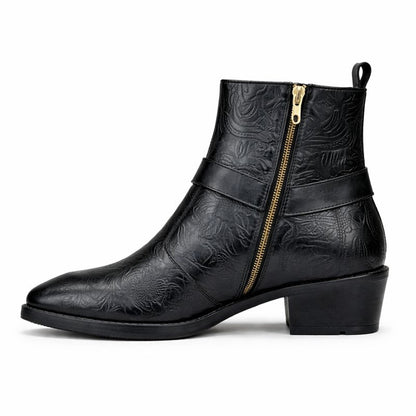 MEN’S BLACK EMBOSSED ANKLE BOOTS WITH SIDE ZIP AND BLOCK HEEL