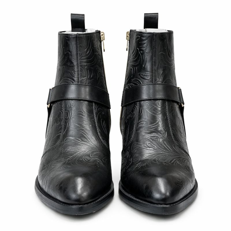 MEN’S BLACK EMBOSSED ANKLE BOOTS WITH SIDE ZIP AND BLOCK HEEL