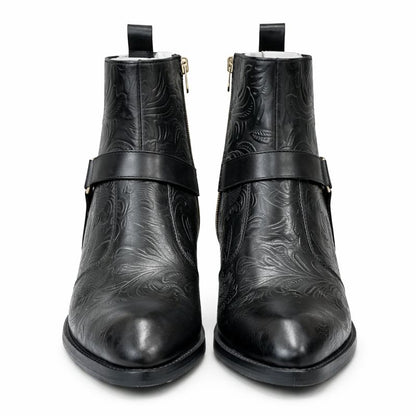 MEN’S BLACK EMBOSSED ANKLE BOOTS WITH SIDE ZIP AND BLOCK HEEL