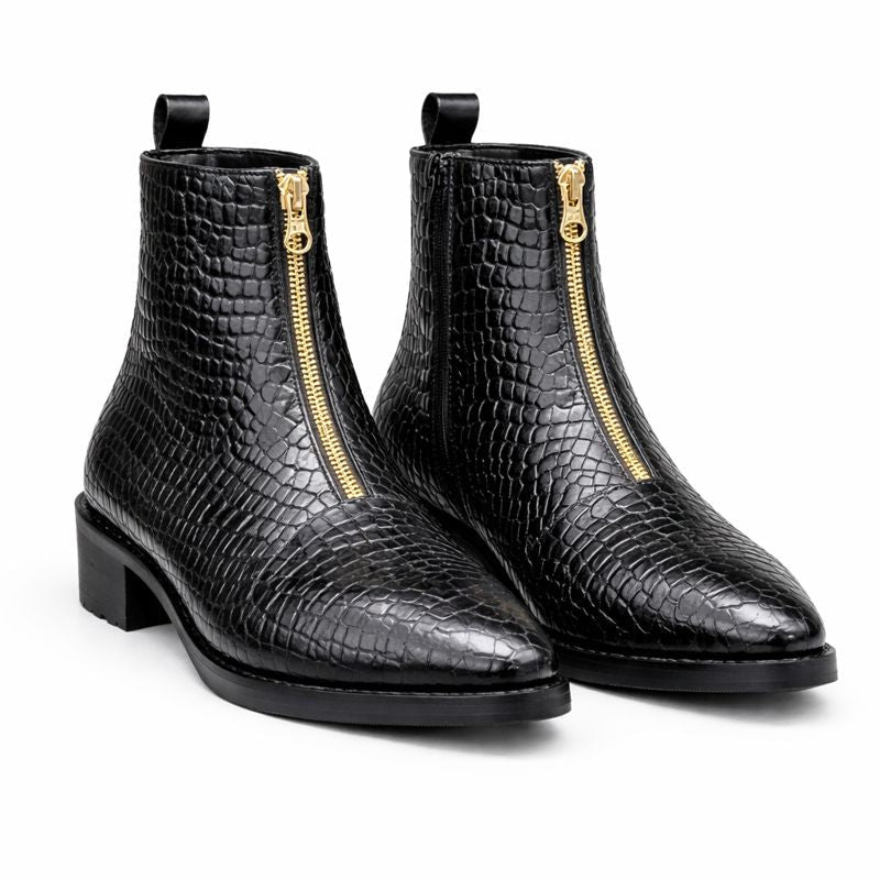 MEN’S BLACK CROCODILE TEXTURED ANKLE BOOTS WITH FRONT ZIP AND BLOCK HEEL