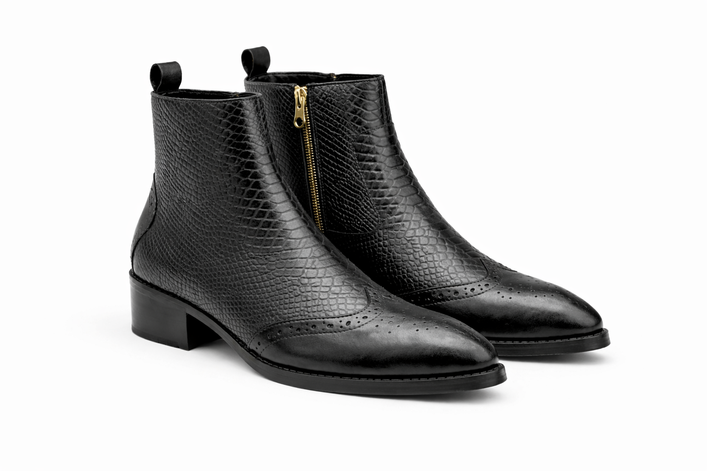 BLACK CROC-EMBOSSED LEATHER ANKLE BOOTS WITH GOLD SIDE ZIP