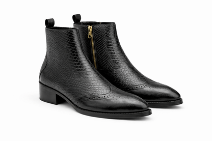 BLACK CROC-EMBOSSED LEATHER ANKLE BOOTS WITH GOLD SIDE ZIP