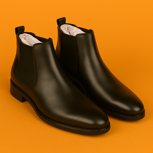 MERCY STRETCHABLE LEATHER CHELSEA BOOTS IN BLACK COLOR