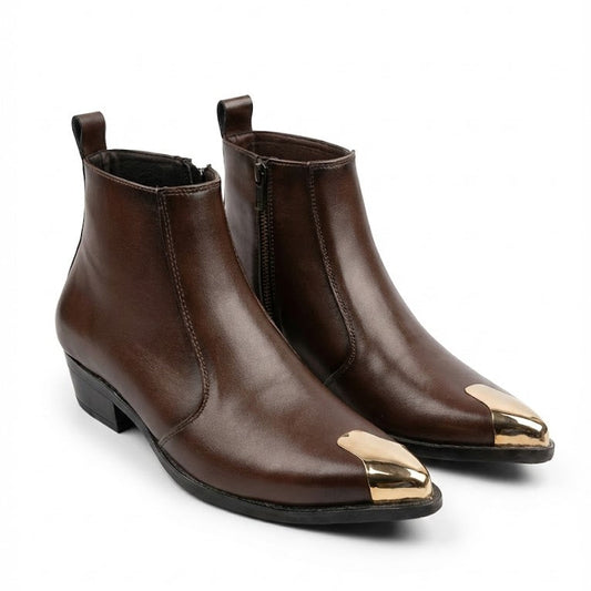 GOLDEN TOE BROWN COLOR CUBAN HEEL CHELSEA BOOTS