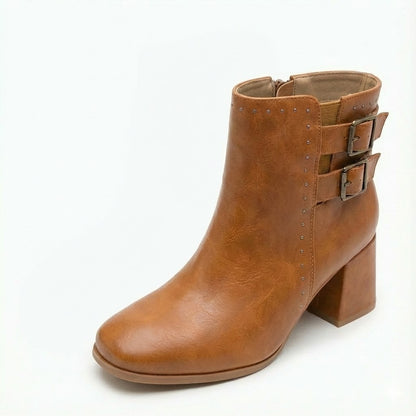 RUST TAN COLOR DOUBLE-BUCKLE BLOCK-HEEL ANKLE BOOTS