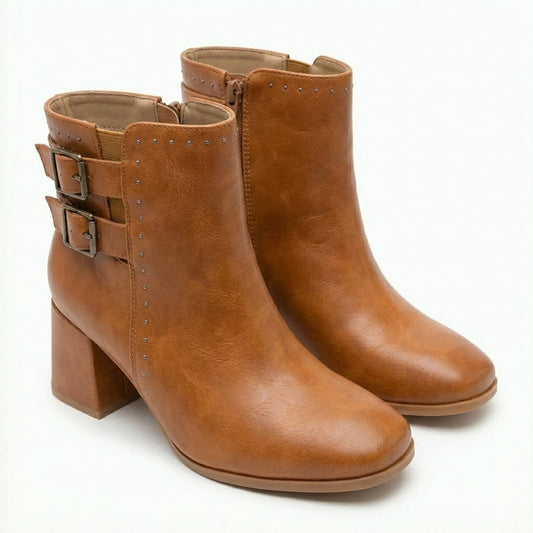 RUST TAN COLOR DOUBLE-BUCKLE BLOCK-HEEL ANKLE BOOTS