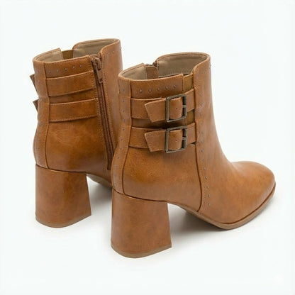 RUST TAN COLOR DOUBLE-BUCKLE BLOCK-HEEL ANKLE BOOTS