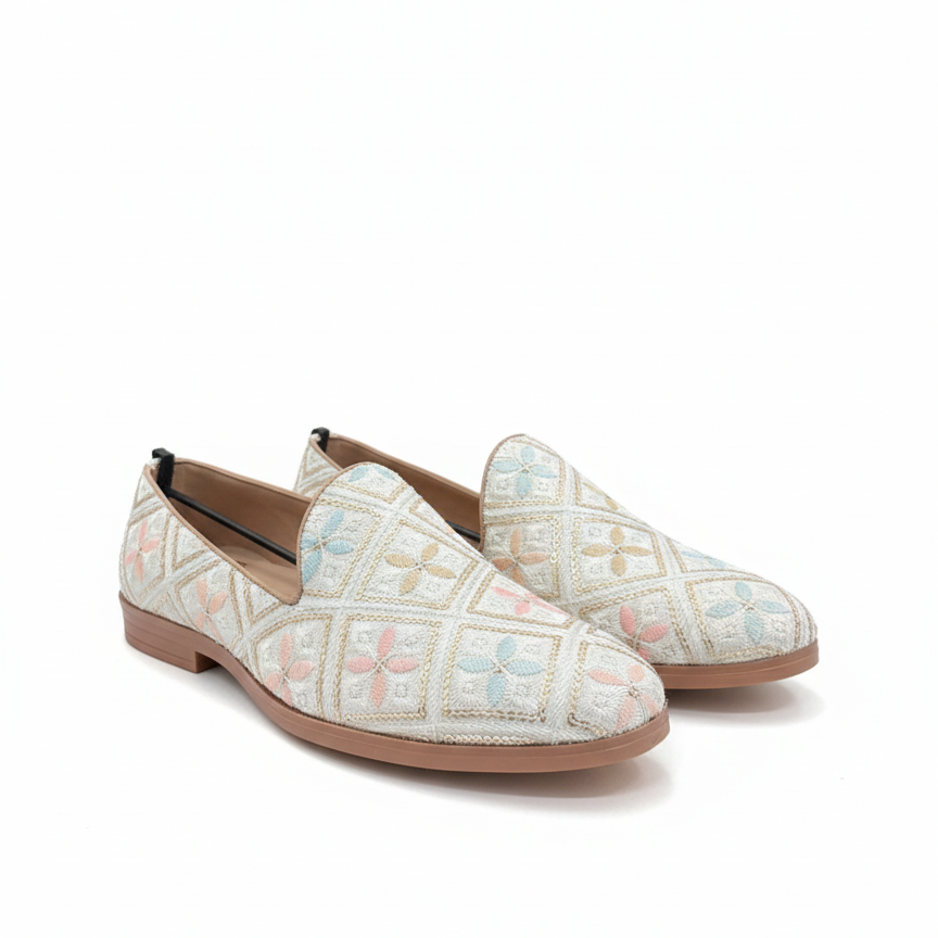 MEN’S PASTEL EMBROIDERED SLIP-ON LOAFERS – ELEGANT FESTIVE & CASUAL FOOTWEAR