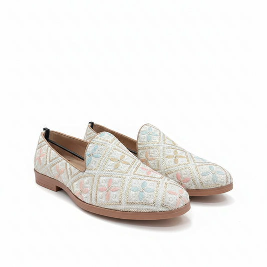 MEN’S PASTEL EMBROIDERED SLIP-ON LOAFERS – ELEGANT FESTIVE & CASUAL FOOTWEAR