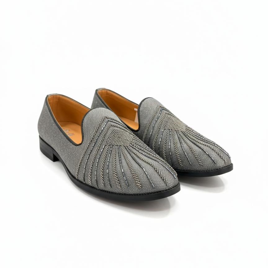 MEN’S GREY EMBROIDERED SLIP-ON LOAFERS – MODERN FORMAL & FESTIVE FOOTWEAR