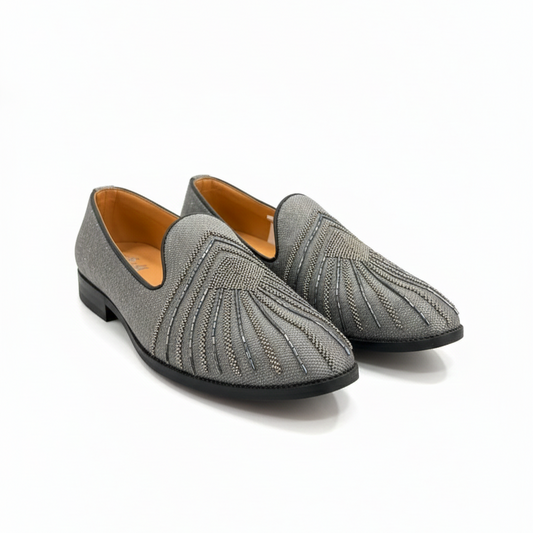 MEN’S GREY EMBROIDERED SLIP-ON LOAFERS – MODERN FORMAL & FESTIVE FOOTWEAR