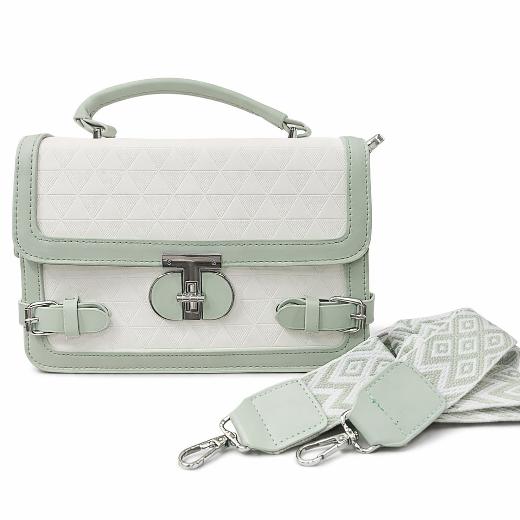 WOMEN’S MINT GREEN & WHITE HANDBAG WITH SLING STRAP