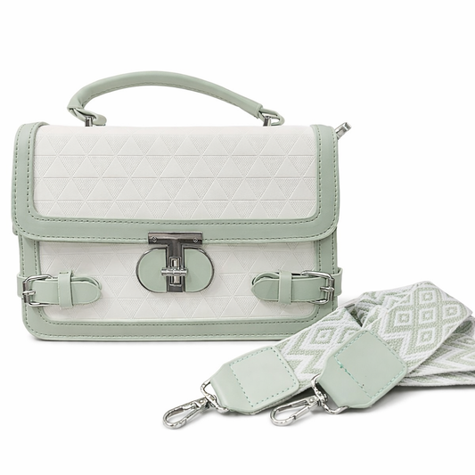 WOMEN’S MINT GREEN & WHITE HANDBAG WITH SLING STRAP