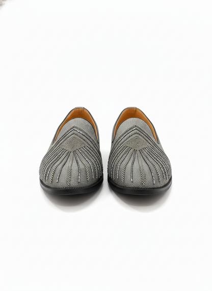 MEN’S GREY EMBROIDERED SLIP-ON LOAFERS – MODERN FORMAL & FESTIVE FOOTWEAR