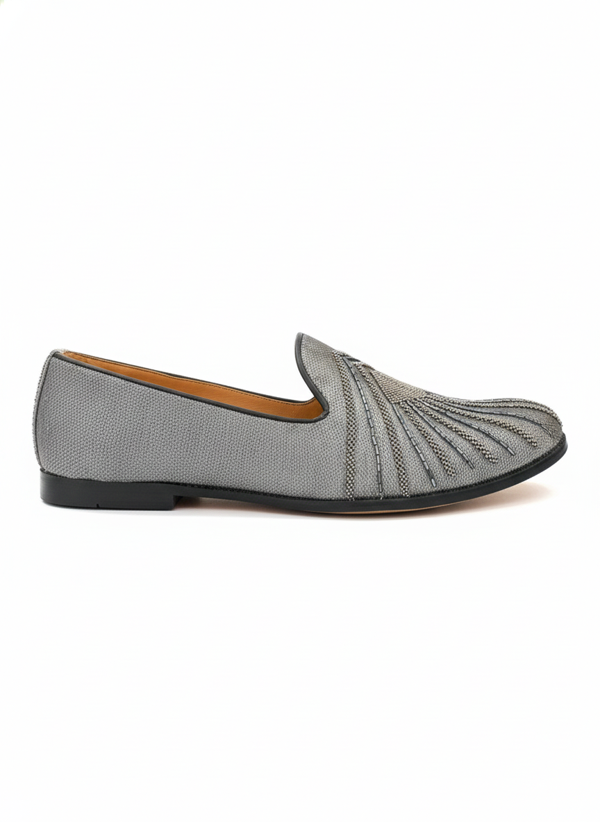 MEN’S GREY EMBROIDERED SLIP-ON LOAFERS – MODERN FORMAL & FESTIVE FOOTWEAR