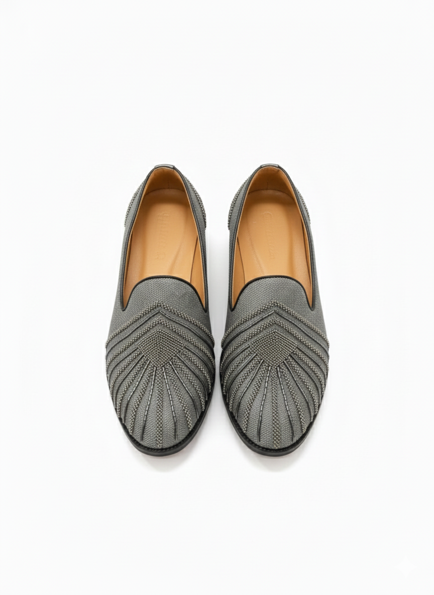 MEN’S GREY EMBROIDERED SLIP-ON LOAFERS – MODERN FORMAL & FESTIVE FOOTWEAR