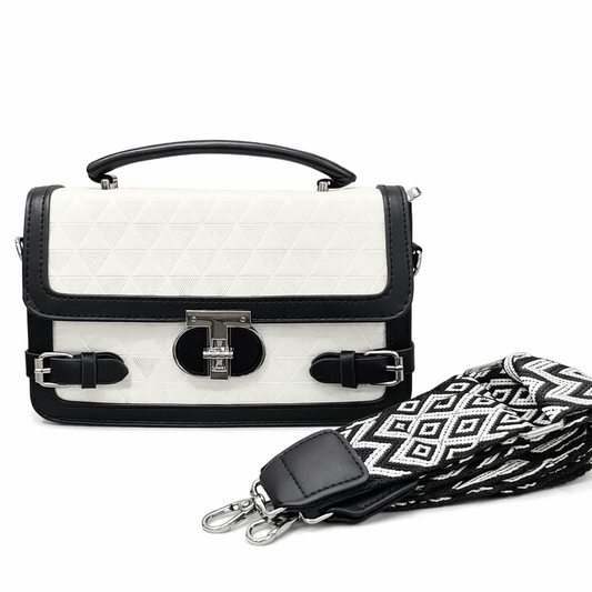 WOMEN’S BLACK & WHITE TEXTURED HANDBAG WITH SLING STRAP
