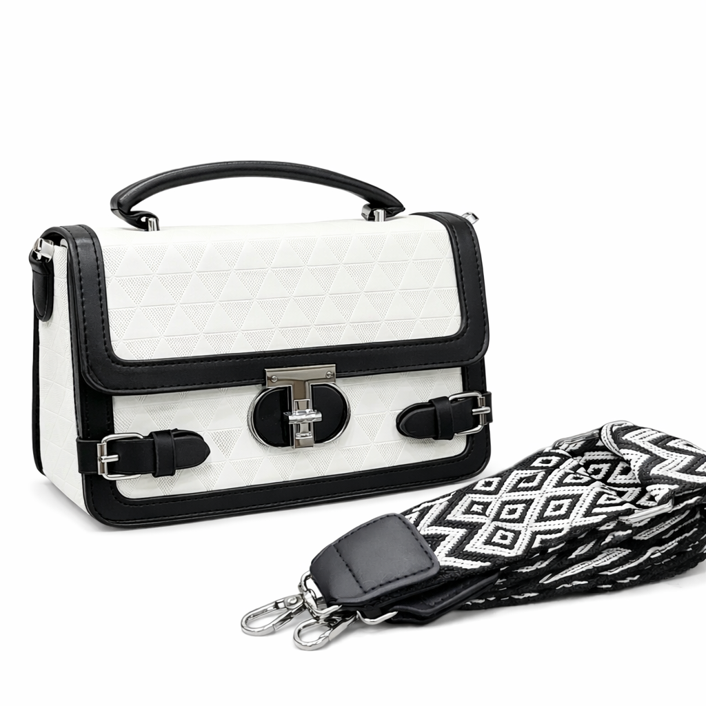 WOMEN’S BLACK & WHITE TEXTURED HANDBAG WITH SLING STRAP