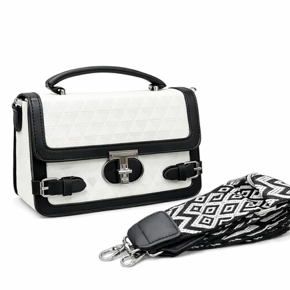 WOMEN’S BLACK & WHITE TEXTURED HANDBAG WITH SLING STRAP