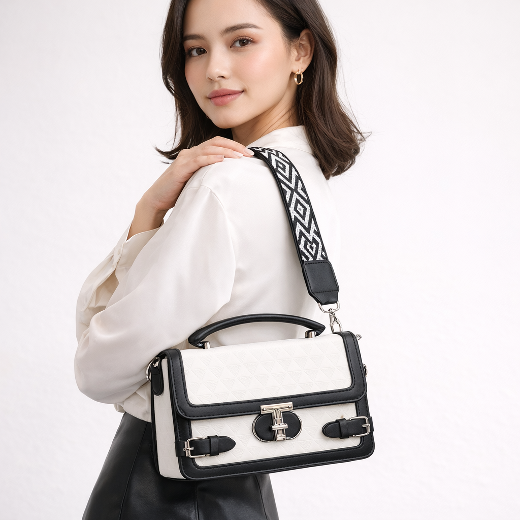 WOMEN’S BLACK & WHITE TEXTURED HANDBAG WITH SLING STRAP