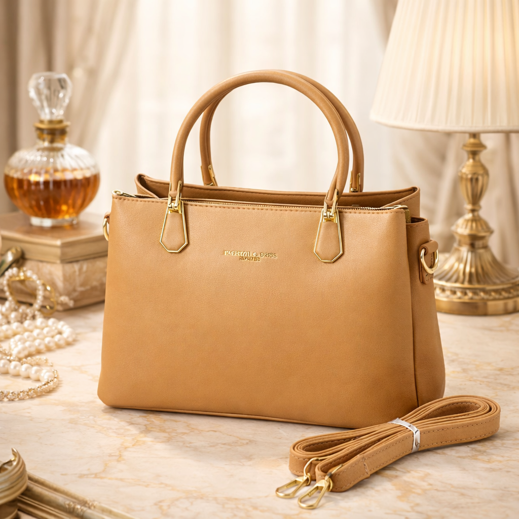 WOMEN’S TAN FORMAL TOTE HANDBAG WITH SLING STRAP