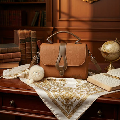 WOMEN’S TAN & BROWN HANDBAG WITH SLING STRAP