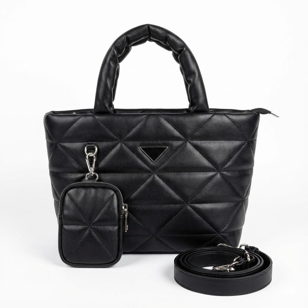BLACK QUILTED TOTE BAG WITH MINI POUCH