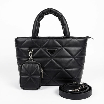 BLACK QUILTED TOTE BAG WITH MINI POUCH