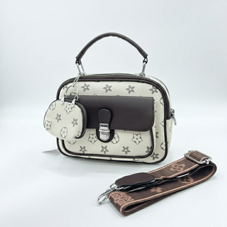 WOMEN’S BEIGE & BROWN PRINTED HANDBAG WITH SLING STRAP