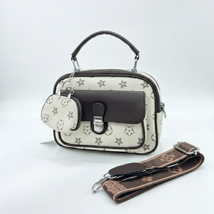 WOMEN’S BEIGE & BROWN PRINTED HANDBAG WITH SLING STRAP