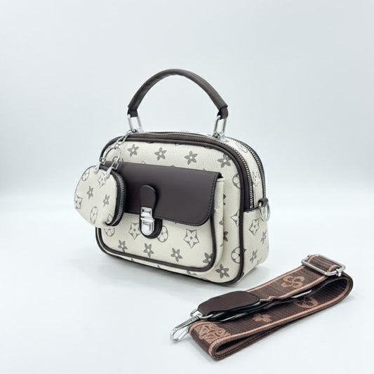 WOMEN’S BEIGE & BROWN PRINTED HANDBAG WITH SLING STRAP