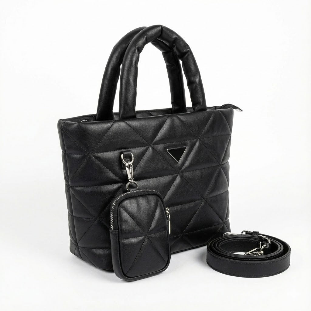 BLACK QUILTED TOTE BAG WITH MINI POUCH