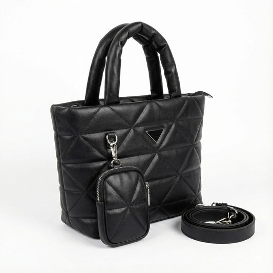 BLACK QUILTED TOTE BAG WITH MINI POUCH